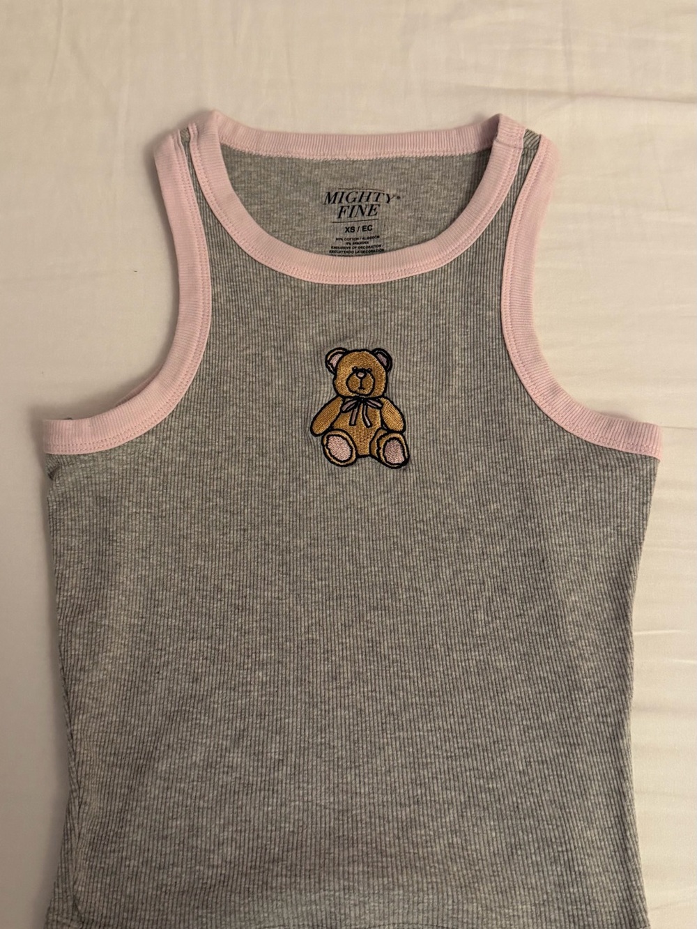 Mighty Fine Gray Ribbed Tank with Pink Trim & Teddy Patch